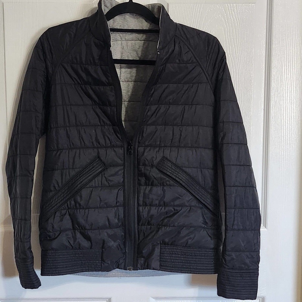 Lululemon The Bomb Bomber Jacket Black / Heathered Medium Grey Sz 6 Reversible